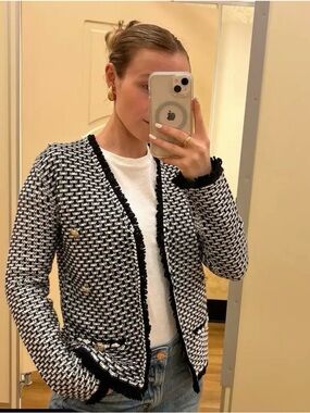 Tahari Black and White Tweed Fringed Double-Breasted Blazer Size M